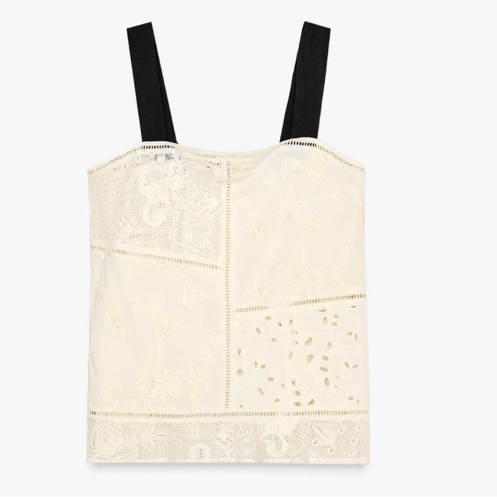 NWT Zara Black and Cream Lace Patchwork Top